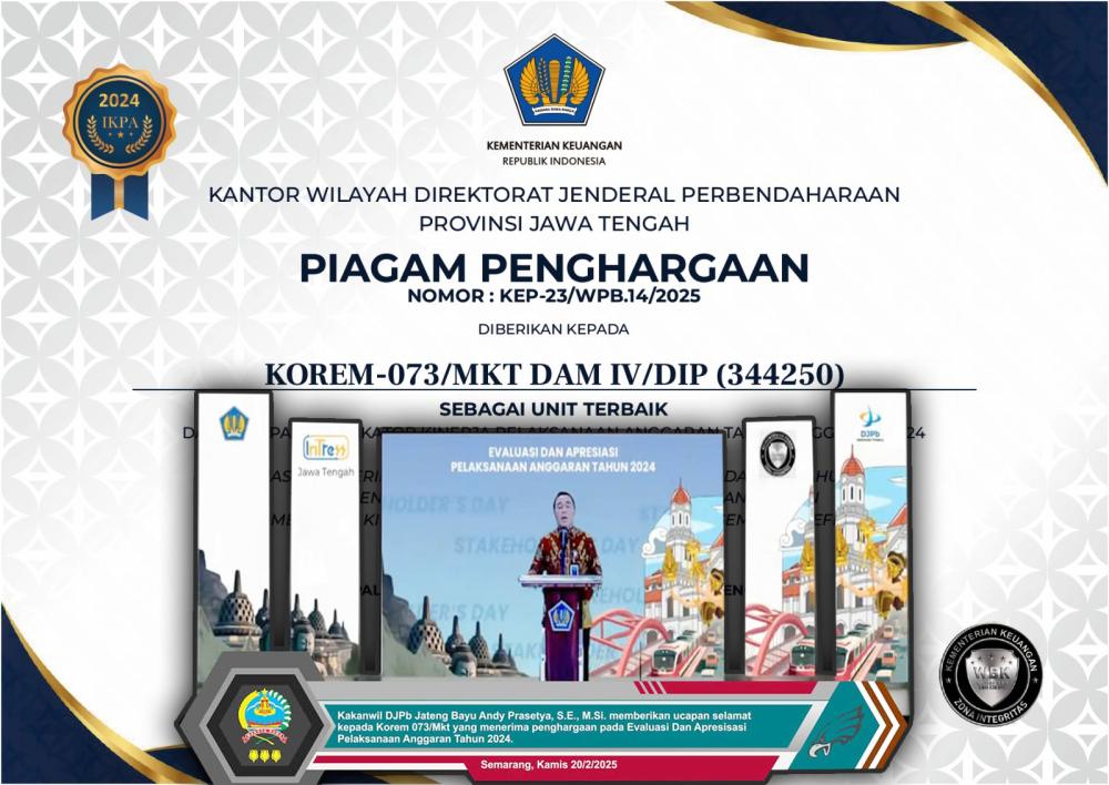 Korem 073/Mkt Raih Penghargaan Kinerja Pelaksanaan Anggaran Tahun 2024